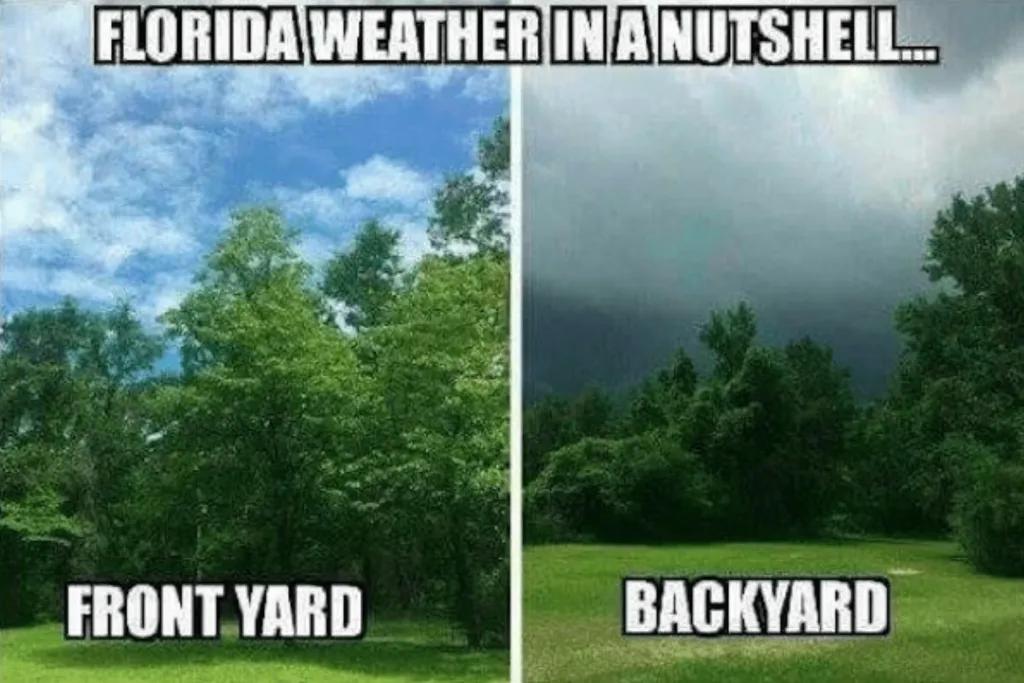 A meme which says "florida weather in a nutshell, front yard" with a photo of a clear sky ad then "backyard" with a stormy sky.