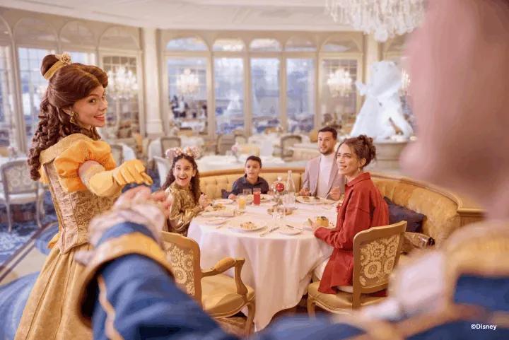Guests with Belle and the Beast, La Table Lumière, Disneyland® Hotel