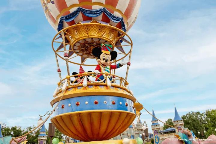 Mickey Mouse in a hot air balloon at Disney Festival of Fantasy Parade