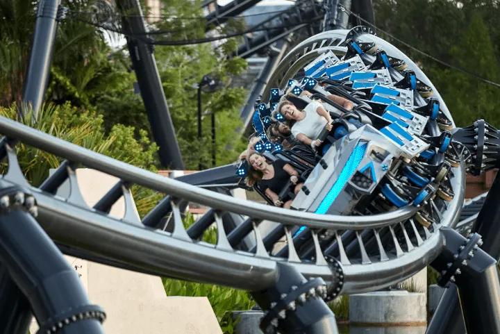 Guests riding Jurassic World VelociCoaster at Universal Orlando Resort