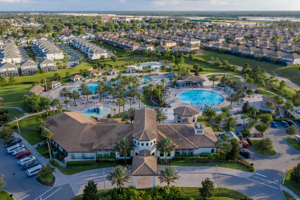 Aerial shot of the Oasis Club amenity centre and lagoon pool at ChampionsGate resort community.
