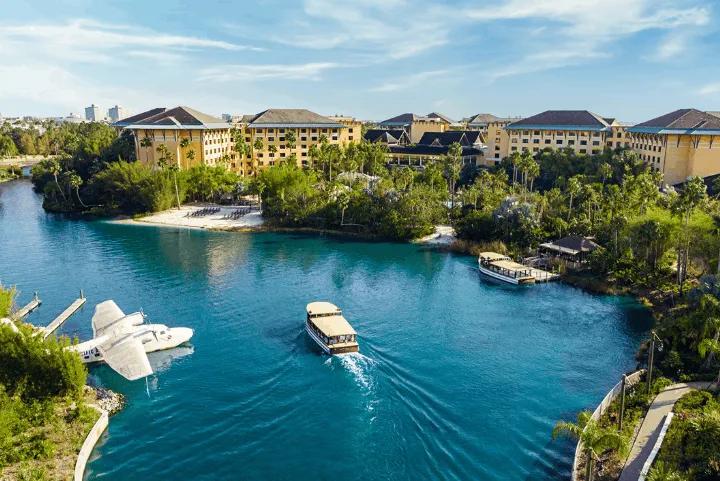 A water taxi boat outside Loews Royal Pacific Hotel