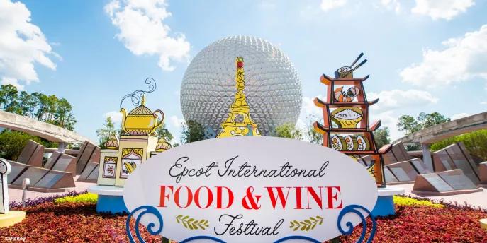 The Food and Wine Festival Logo in front of Spaceship Earth