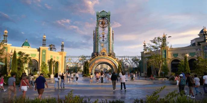 Clock tower and archway at Celestial Park, the central hub of Universal's Epic Universe.
