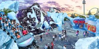 Konzeptzeichnung der Penguin Trek Achterbahn über dem Antarktis Bereich in SeaWorld Orlando