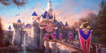 Concept art of the pink ad blue castle decorated with bright pink and blue decorations to match and a huge medallion in the centre with 70 on.