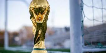 World Cup trophy on a football pitch