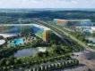 Concept art of two curve-shaped hotels next to each other with multi-coloured panelling 