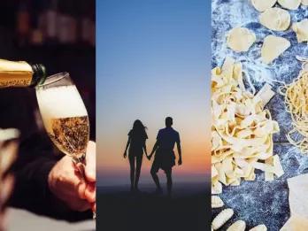 A collage of three photos - the first is champagne being poured into a glass, the second a couple standing in front of a sunset and the third a counter covered in fresh pasta