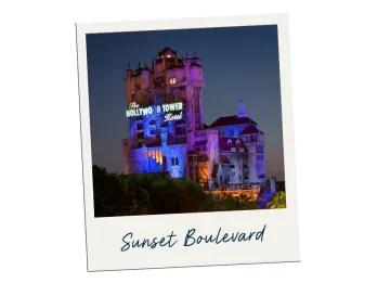 A polaroid labelled Sunset Boulevard with an image of the Tower of Terror inside