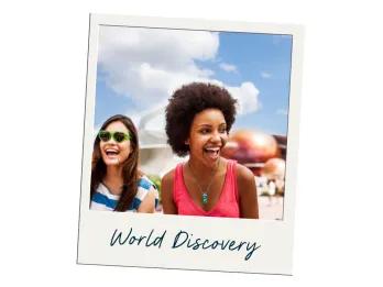 Polaroid image of two women stood in front of a space themed building. Both women are laughing looking different directions off camera.