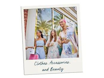 Polaroid of two girls and a man walking past shop windows with shopping bags in hand. The polaroid picture is labelled "Clothes, Accessories and Beauty"