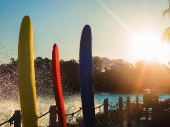 Three multicoloured surf boards stood up with wave hitting the side behind them and a large pool as the sun rises.