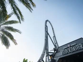 Looking up at the drop on Jurassic World VelociCoaster from the entrance of the attraction