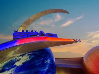 A sign above a large figure of Earth reading 'Mission Space'