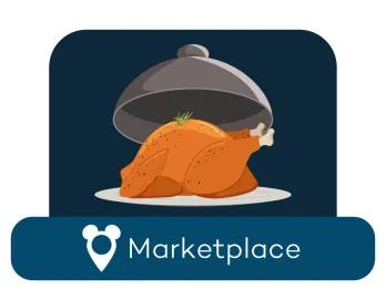 Cartoon roast chicken on a serving dish above a location label for Marketplace