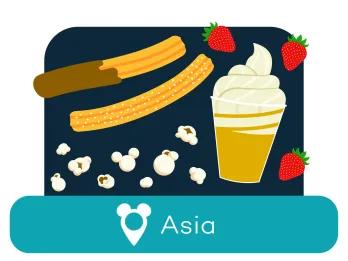 Cartoon churros and ice cream above a location label for Asia