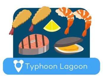 Cartoon seafood above a location label for Typhoon Lagoon