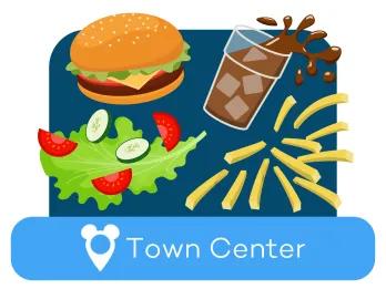 Cartoon burger, soda, salad and fries above a location label for Town Center