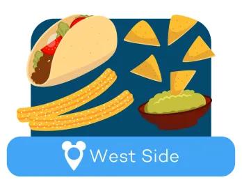 Cartoon tacos, churros and tortilla chips above a location label for West Side