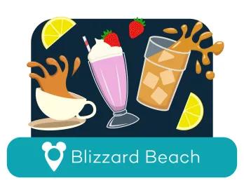Cartoon drinks cups above a location label for Blizzard Beach