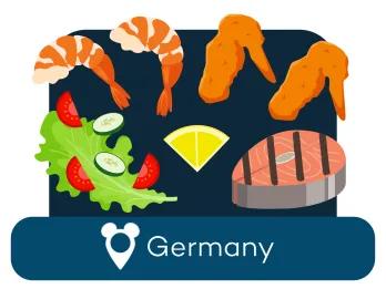 Cartoon salad, shrimp, chicken wings above a location label for Germany