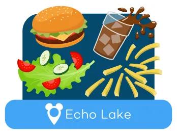 Cartoon burger, soda, salad and fries above a location label for Echo Lake