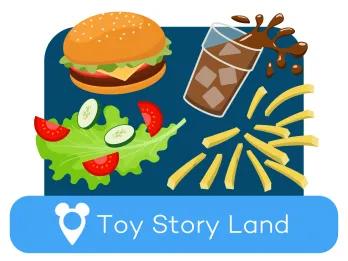 Cartoon burger, soda, salad and fries above a location label for Toy Story Land