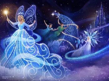 Concept art for a Disney nighttime parade starring Peter Pan, Elsa and the Blue Fairy