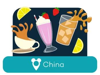 Cartoon drinks cups above a location label for China