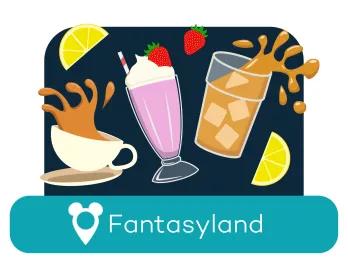 Cartoon coffee, milkshake and soda above a location label for Fantasyland