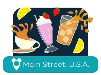 Cartoon Kaffee, Limonade und Milchshake über einem Standortschild für Main Street USA