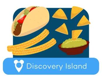 Cartoon Mexican food above a location label for Discovery Island