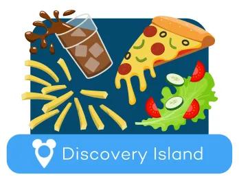 Cartoon pizza, salad, soda and fries above a location label for Discovery Island