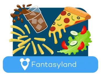 Cartoon Pizza, Salat, Pommes und Limonade über einem Ortsschild für Fantasyland