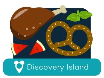 Cartoon turkey leg and pretzel above a location label for Discovery Island