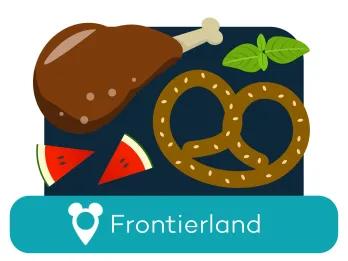 A cartoon pretzel and turkey leg above a location label for Frontierland