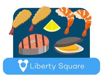 Cartoon images of seafood above a location label for Liberty Square