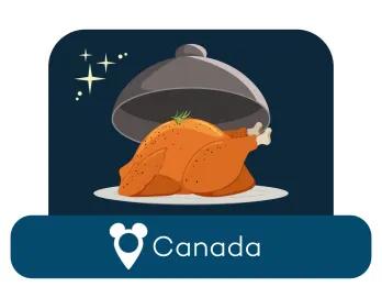 Cartoon roast chicken on a serving dish above a location label for Canada