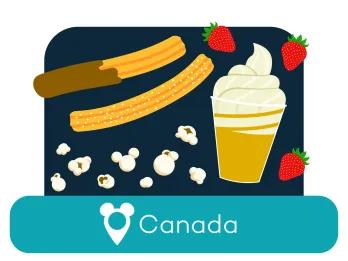 Cartoon churros, ice cream and popcorn above a location label for Canada