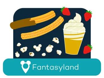 Cartoon Eis und Churros über einem Ortsschild für Fantasyland