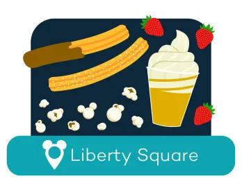 Cartoon churros and ice cream above a location label for Liberty Square