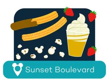 Cartoon churros, popcorn and ice cream above a location label for Sunset Boulevard