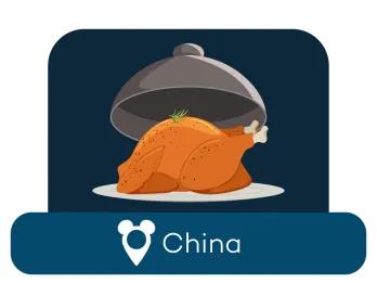 Cartoon roast chicken on a serving dish above a location label for China