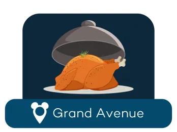 Cartoon of a roast chicken on a serving plate above a location label for Grand Avenue