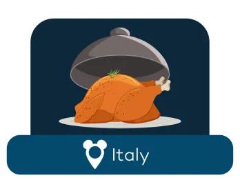 Cartoon roast chicken on a serving dish above a location label for Italy