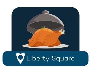 A cartoon chicken on a serving dish above a location label for Liberty Square