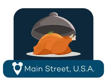 A cartoon roast chicken on a serving dish above a location label for Main Street USA