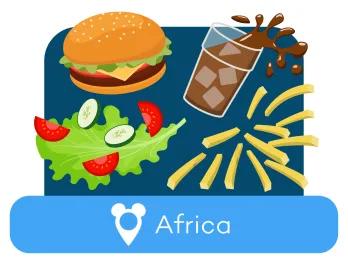 Cartoon burger, soda, salad and fries above a location label for Africa