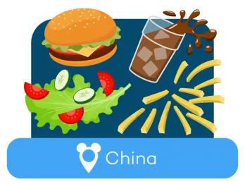 Cartoon burger, soda, salad and fries above a location label for China